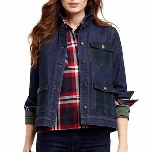 Pendleton Blue Denim Jacket with Green Plaid Pockets